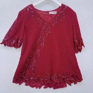 EUC Vintage Women’s Creative Touch Beaded Sequins Short Sleeve Blouse Red Medium